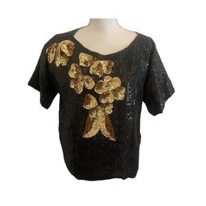 Vintage‎ 100% Silk Sequin Black Floral Bow Short Sleeve Blouse - XL